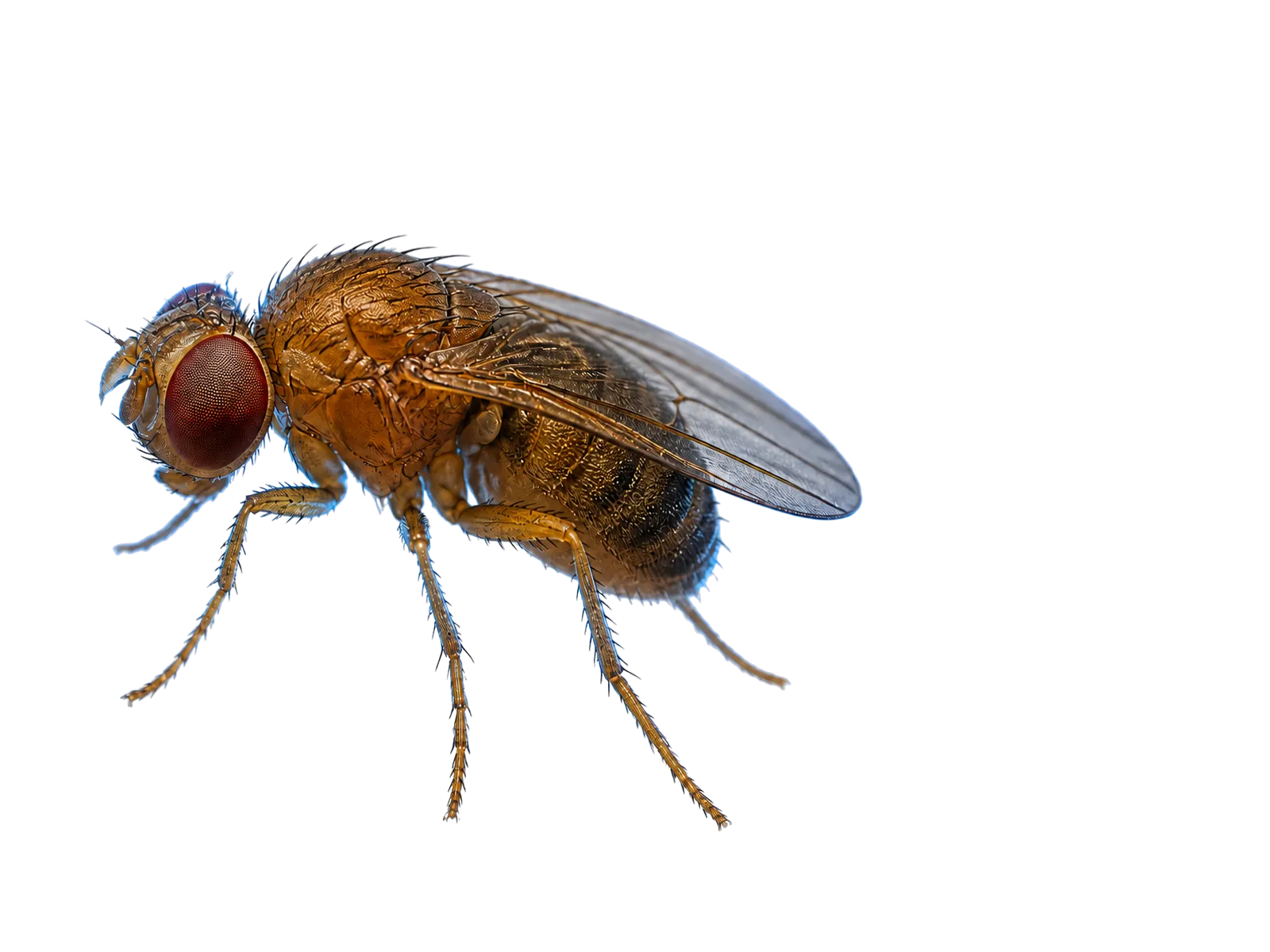 An intact adult fruit fly seen from the side.