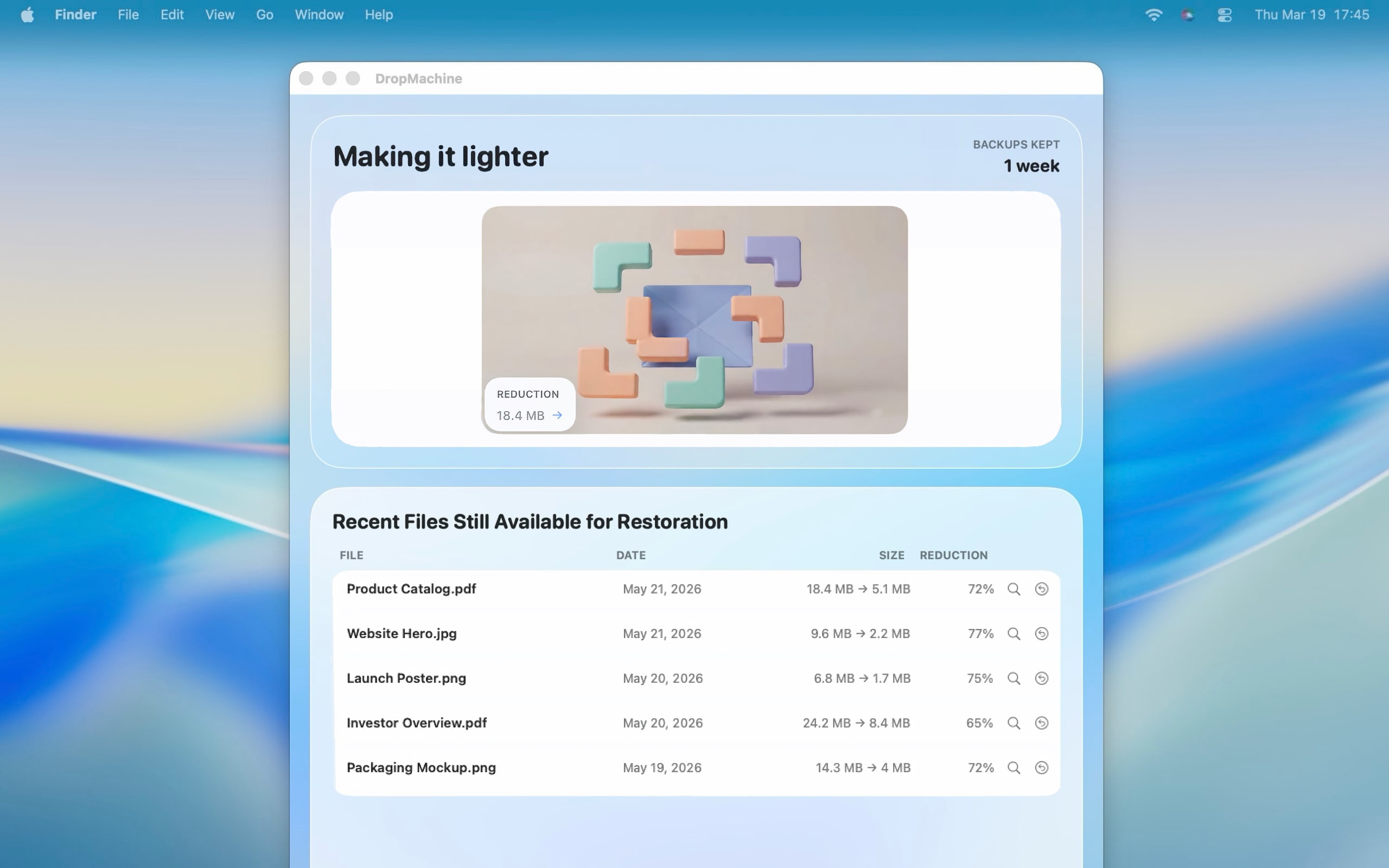 DropMachine processing a file in the macOS app