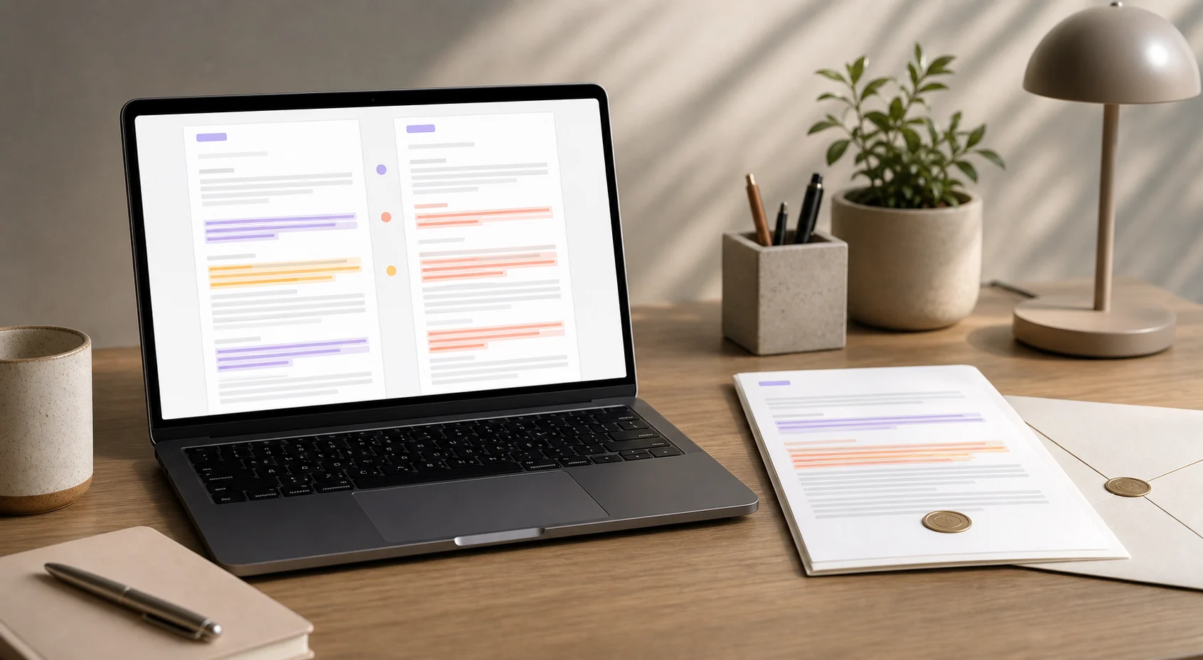 A laptop shows side-by-side document differences next to a send-ready outgoing document.
