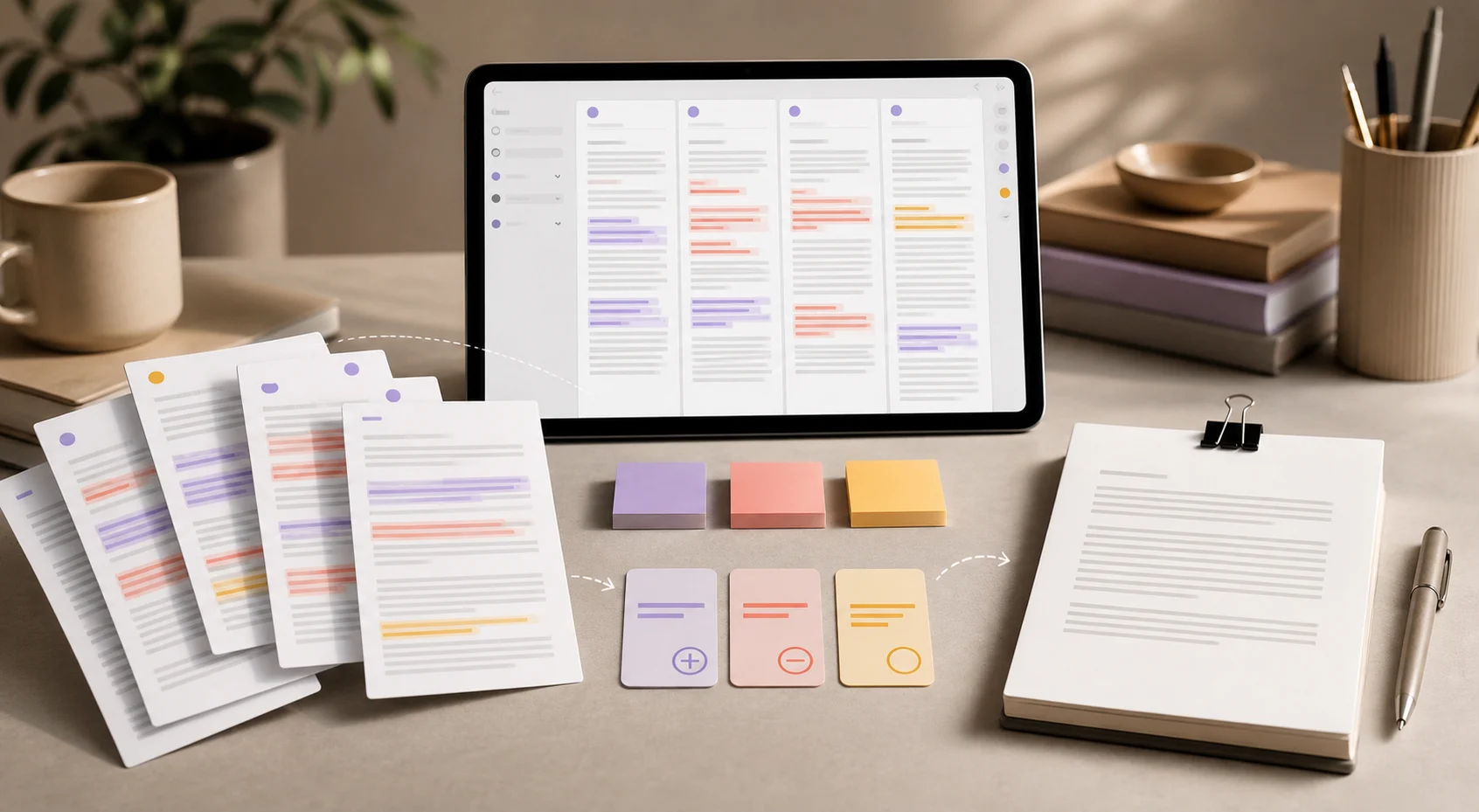 Several document drafts are reviewed beside a comparison workspace with colored wording changes.