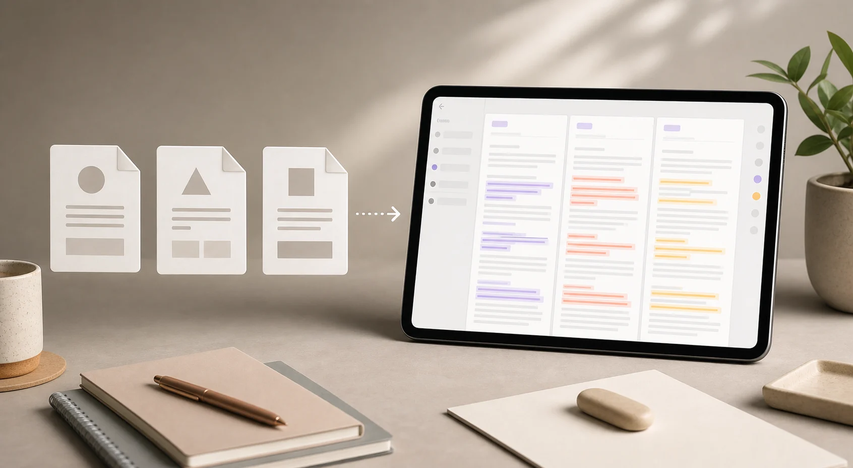 Generic document files become extracted text columns with highlighted differences in a comparison workspace.