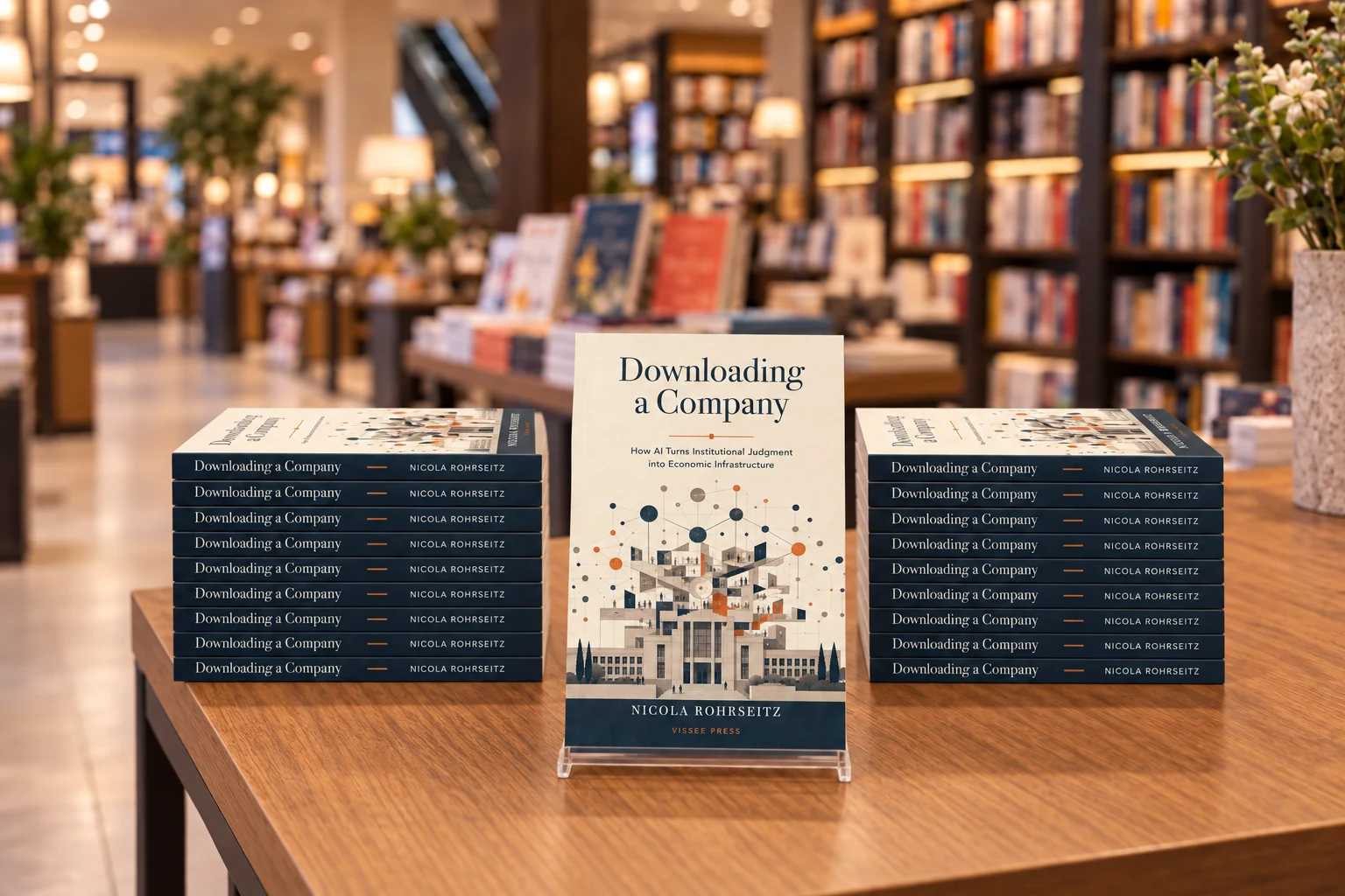 The second edition of Downloading a Company displayed on a new-releases table in a large bookstore, with the surrounding books out of focus.