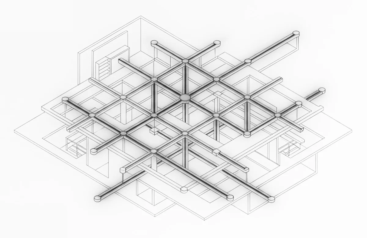 An isometric architecture of interconnected modules, documents, systems, and decision nodes.