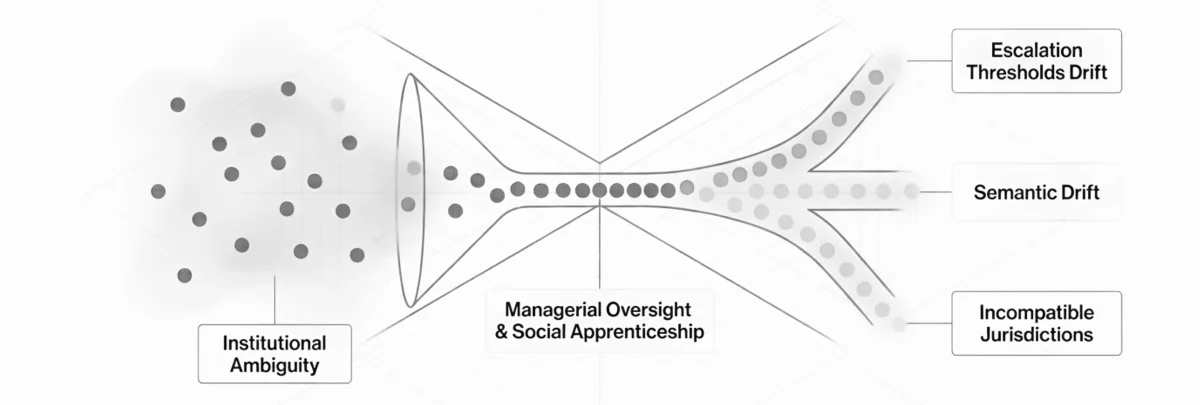 Fragmented signals pass through intertwined paths of interpretation and managerial control.