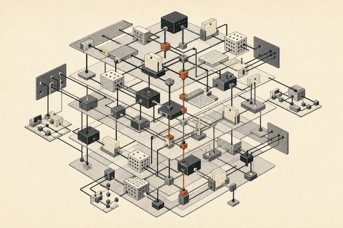 Architettura isometrica di moduli, documenti e nodi interconnessi che rappresenta la conoscenza distribuita.