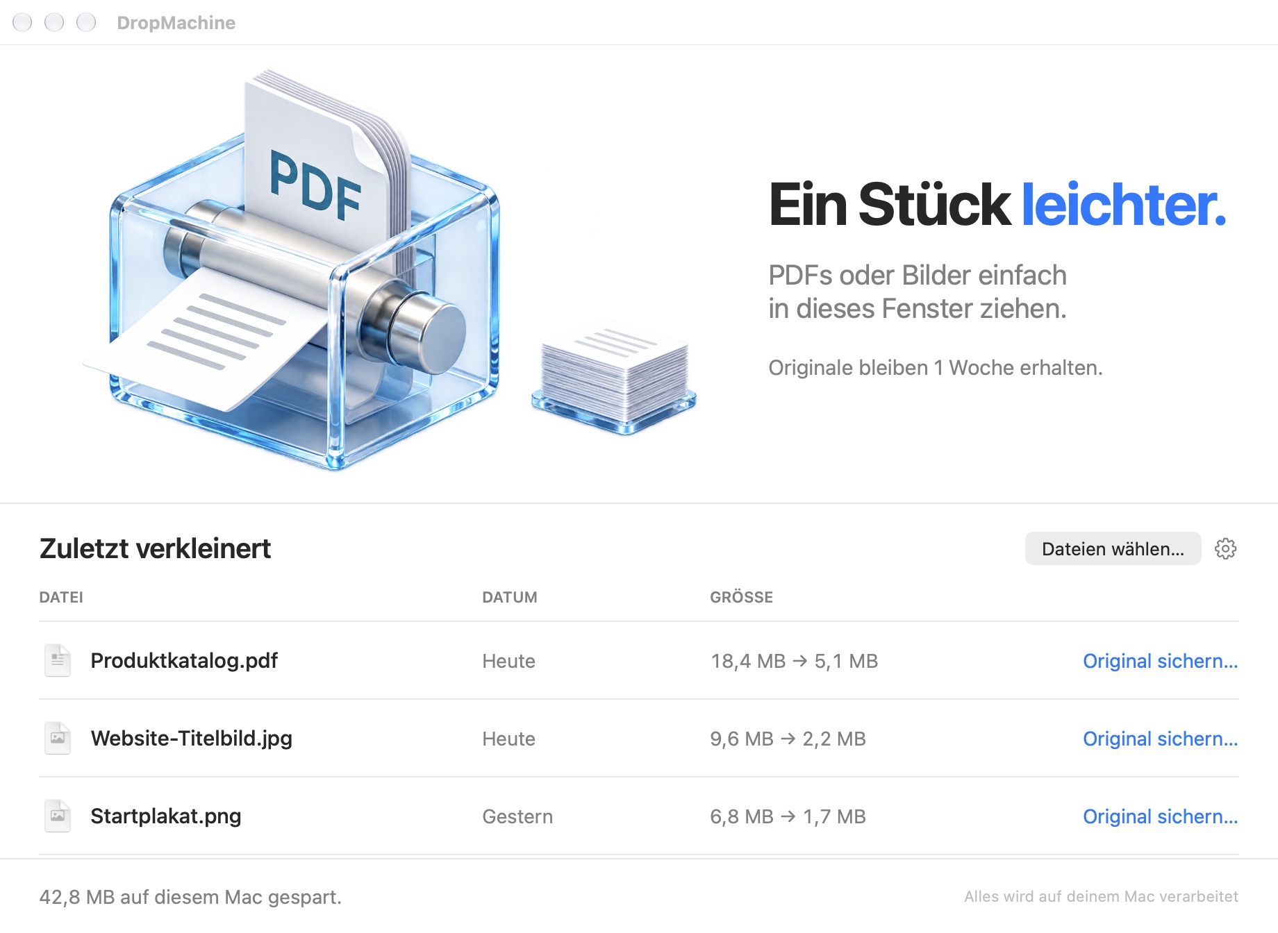 Hauptfenster von DropMachine unter macOS
