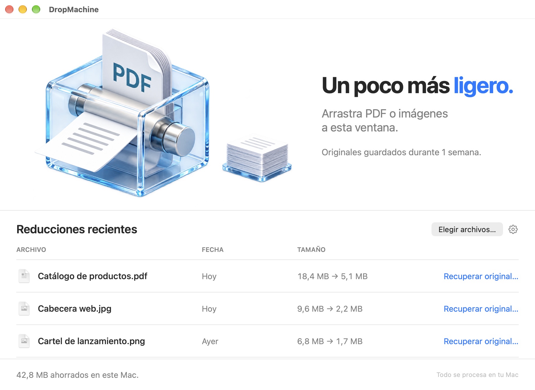Ventana principal de DropMachine en macOS