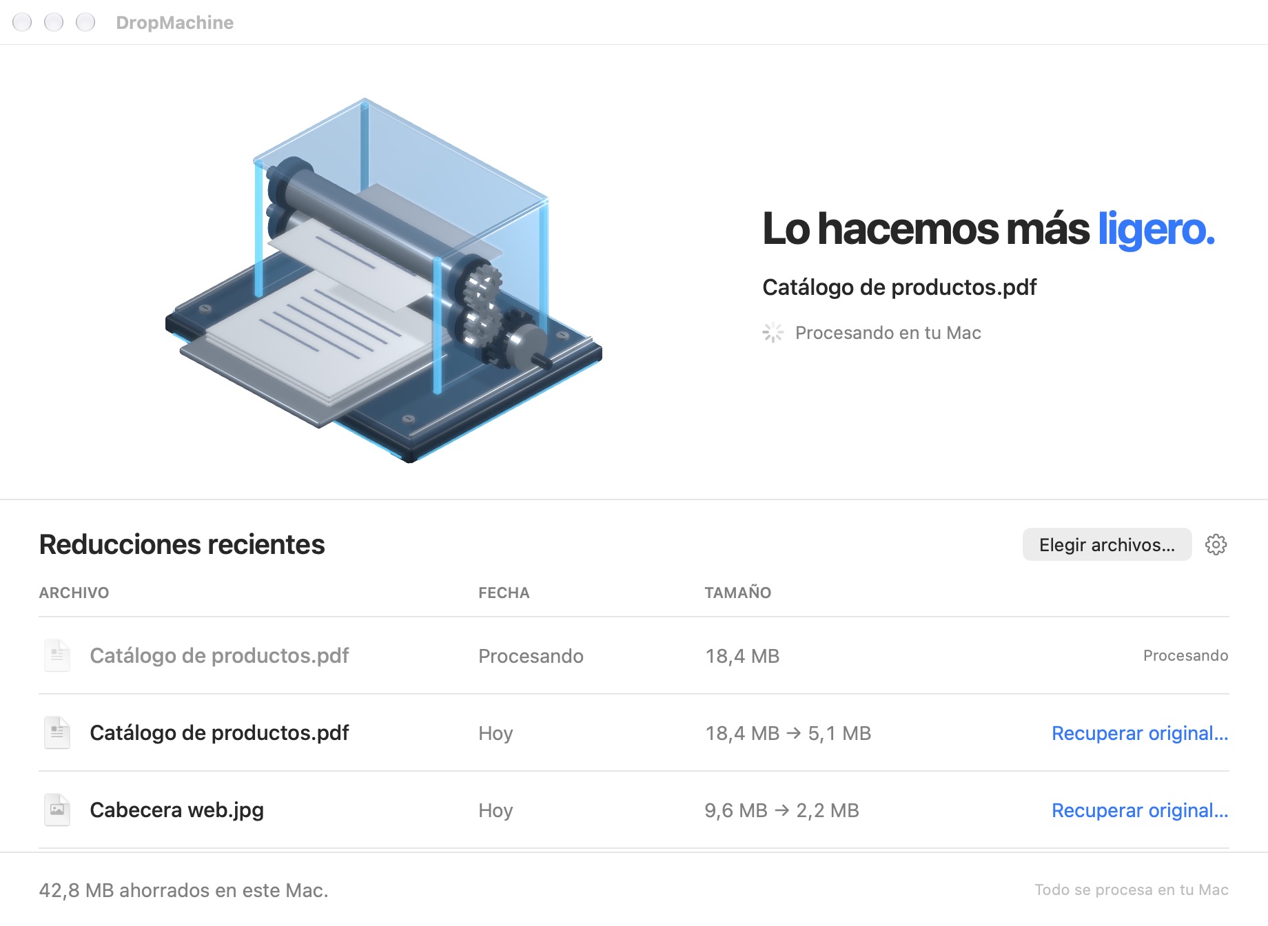 DropMachine procesa un PDF en la app macOS