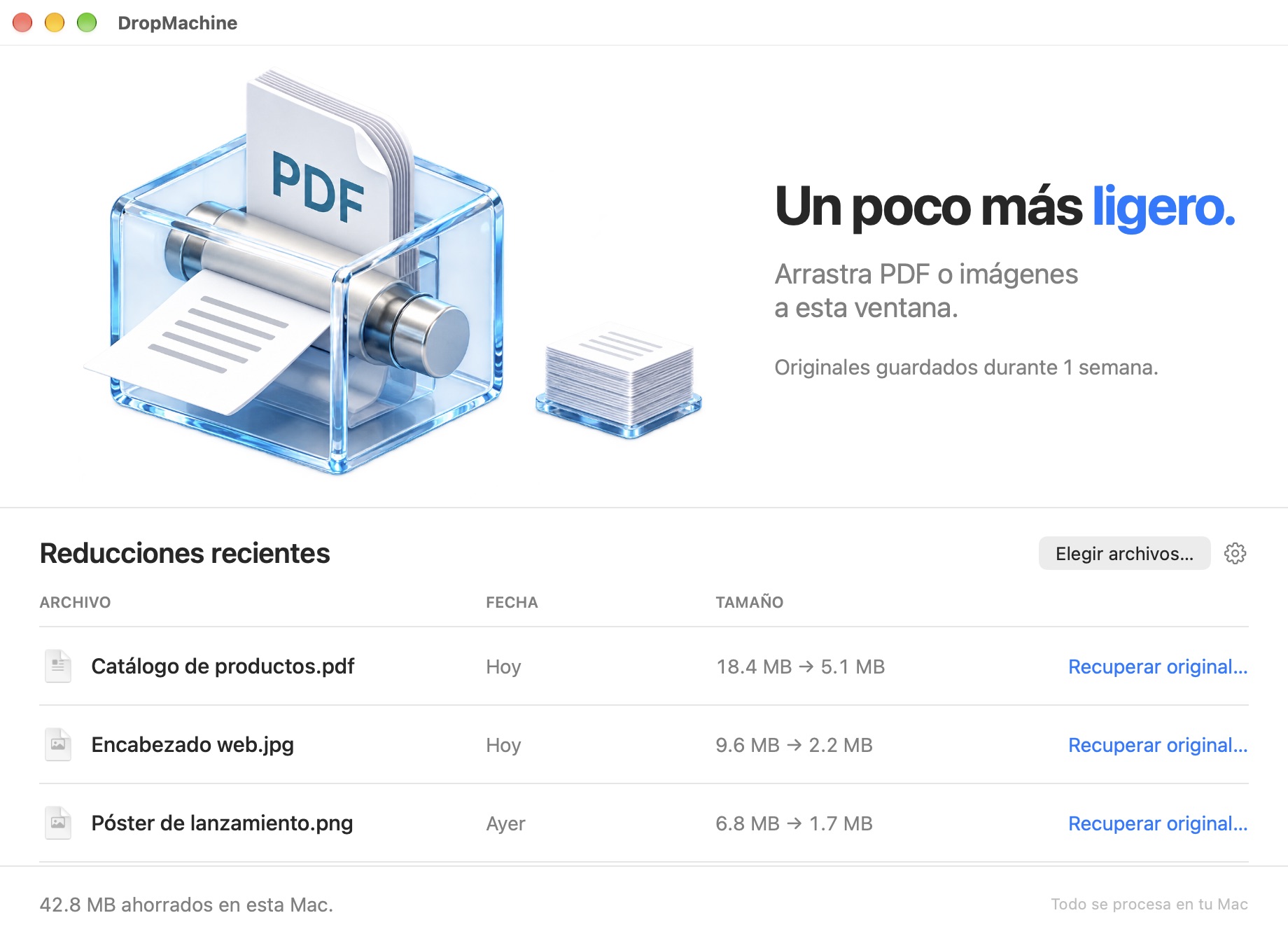 Ventana principal de DropMachine en macOS