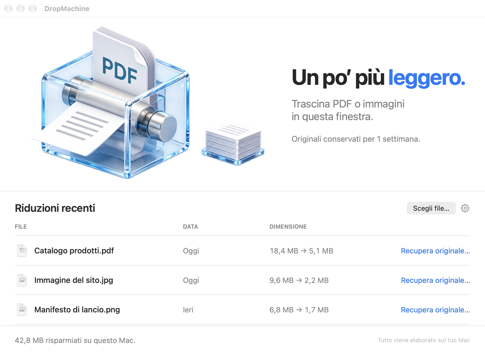 Finestra principale di DropMachine su macOS
