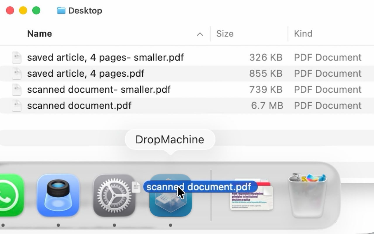 A PDF dragged from Finder onto the DropMachine Dock icon.