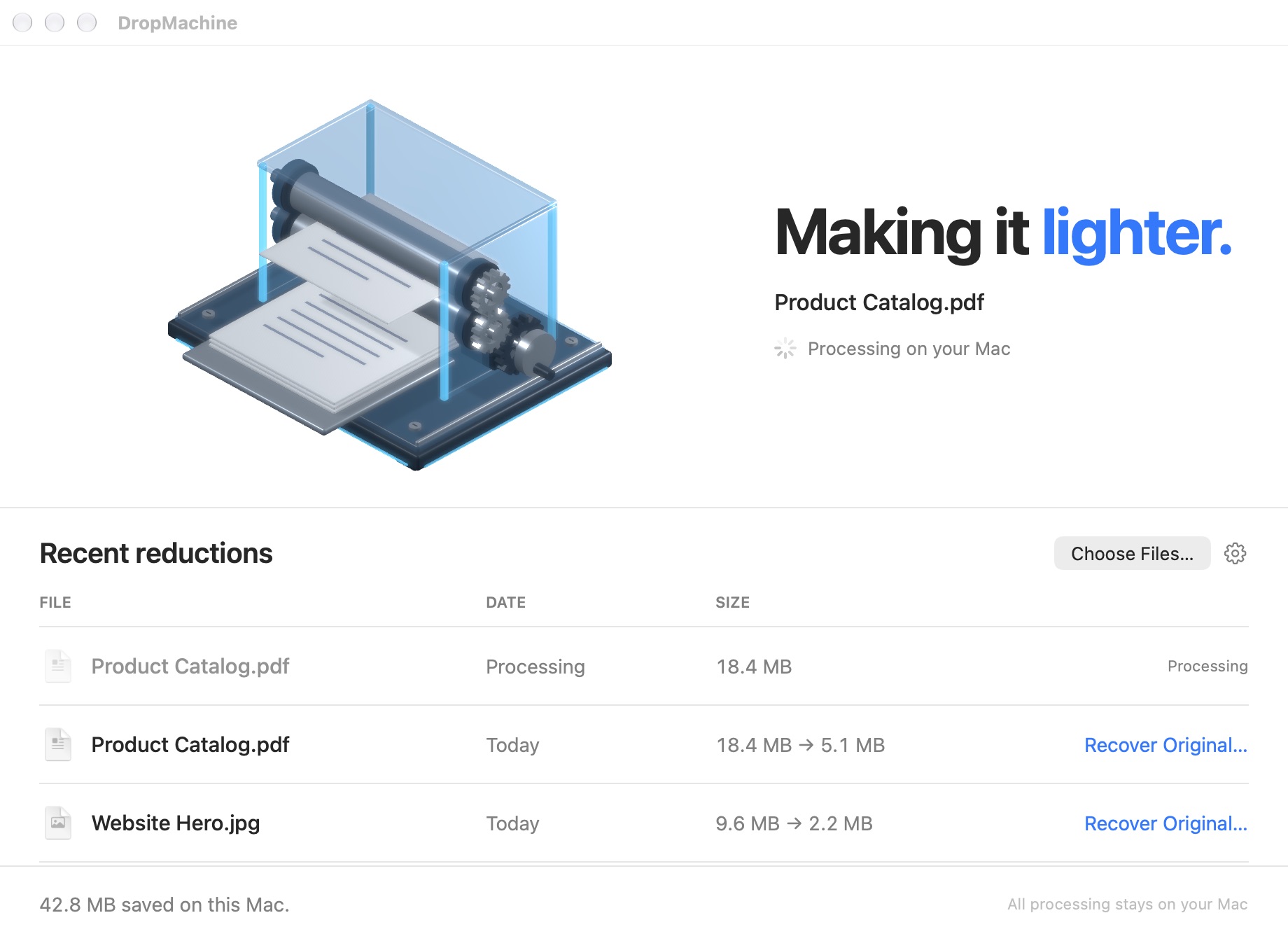 DropMachine processing a PDF in the macOS app