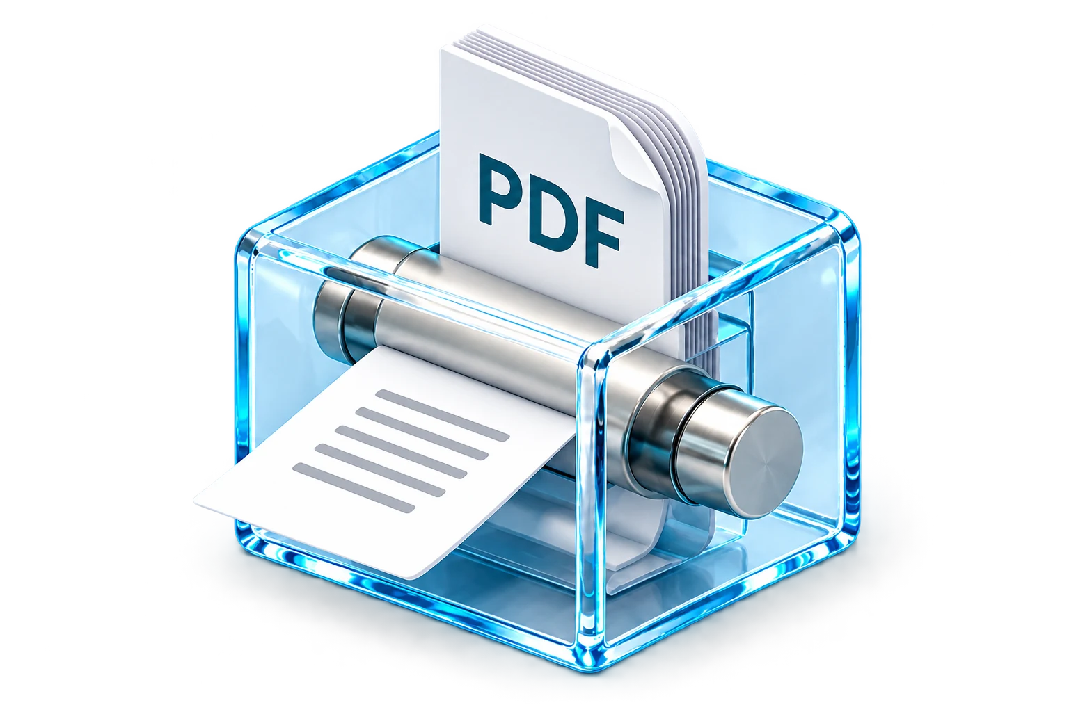 Une petite machine de verre et de métal presse une pile de pages PDF en un fichier plus petit.