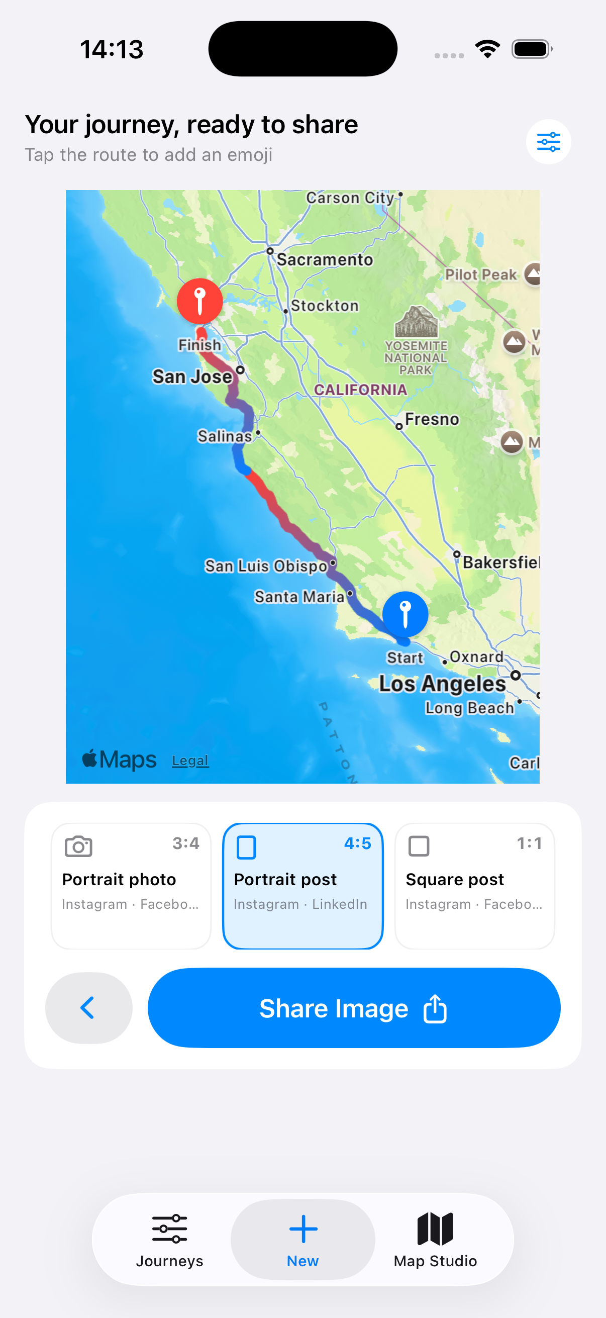 Evertrail Quick Share preview showing social aspect ratio choices for a California route.