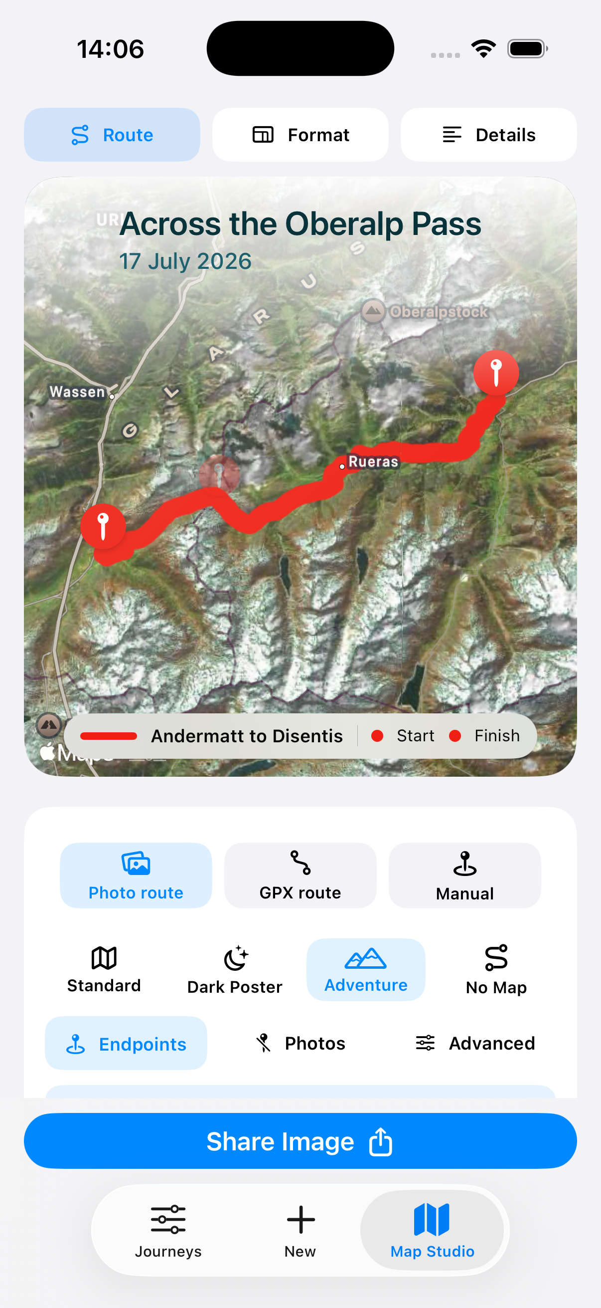 Evertrail showing the alpine route from Andermatt to Disentis in Adventure style.