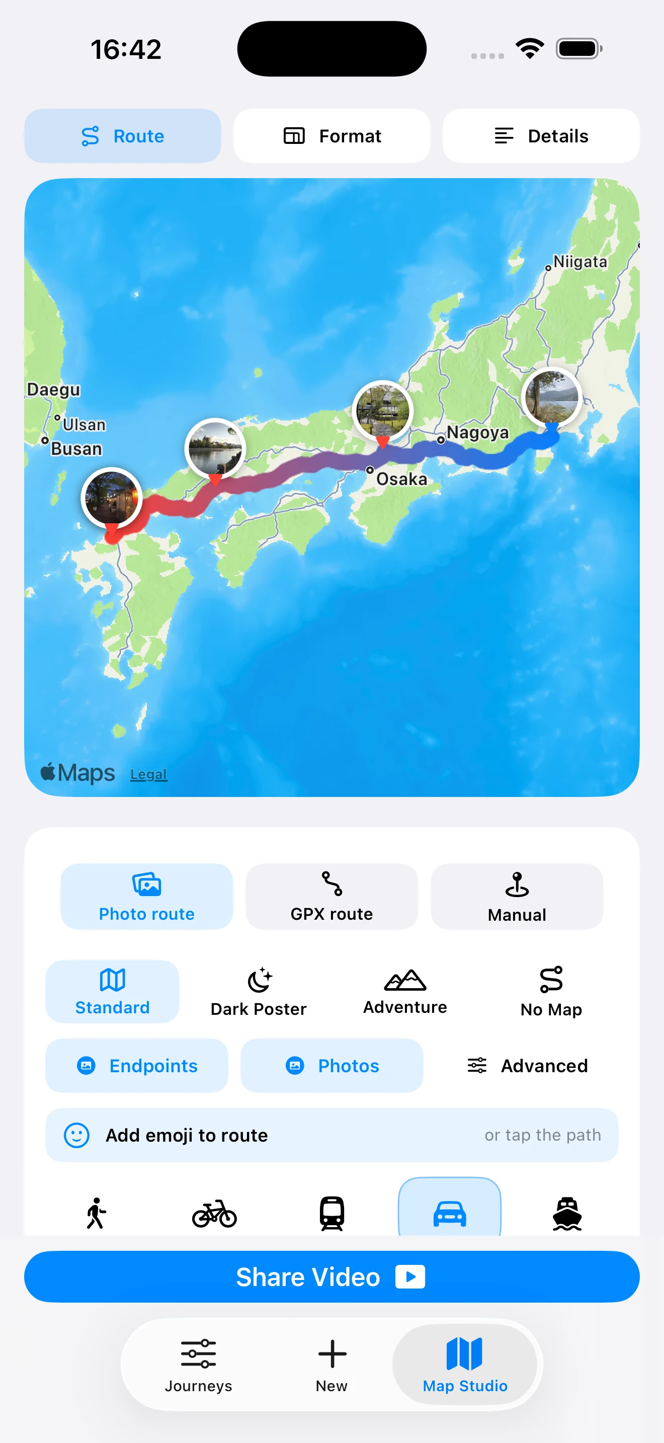 Evertrail showing five personal travel photos pinned along a route across Japan.