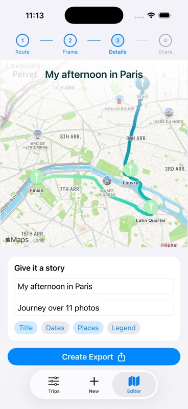 Evertrail journey-video details editor for a sample Paris walking journey
