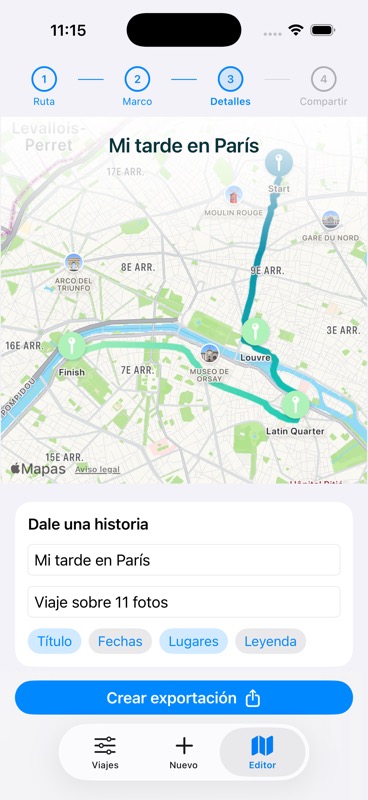 Editor de detalles del vídeo de Evertrail para un paseo de ejemplo por París
