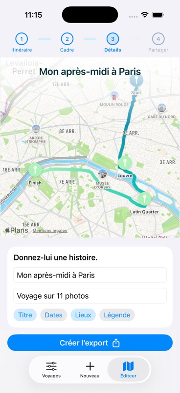 Éditeur des détails de la vidéo Evertrail pour un exemple de promenade à Paris