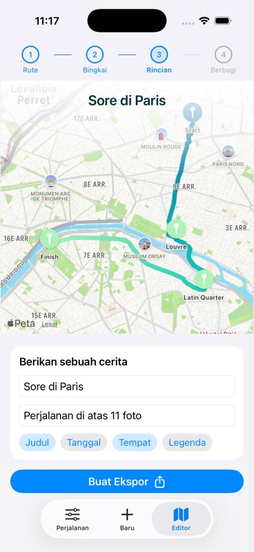 Editor detail video Evertrail untuk contoh perjalanan berjalan kaki di Paris