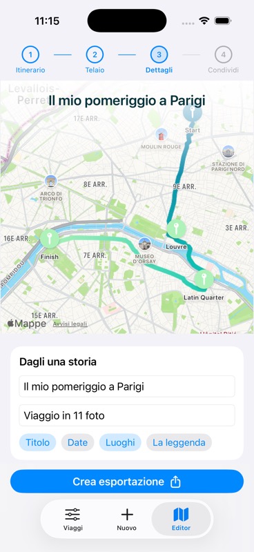 Editor dei dettagli del video Evertrail per una passeggiata di esempio a Parigi