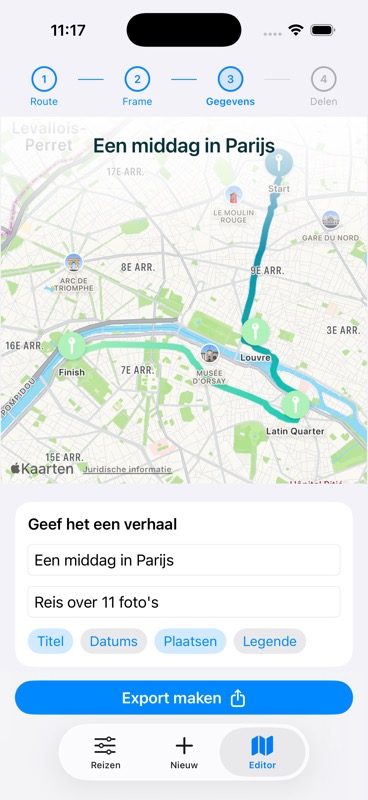 Evertrail-detaileditor voor de reisvideo van een voorbeeldwandeling door Parijs