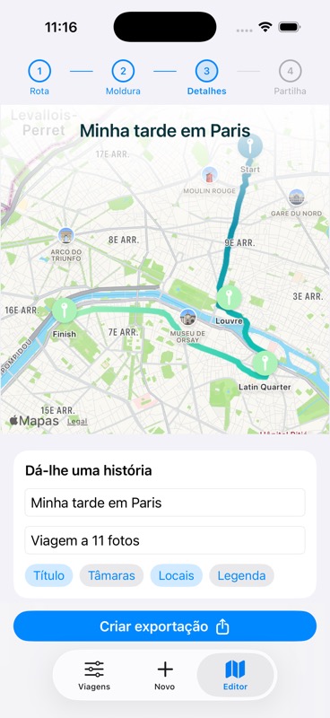 Editor de detalhes do vídeo do Evertrail para uma caminhada de exemplo em Paris