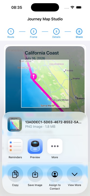 Evertrail system share sheet for a finished California Coast journey