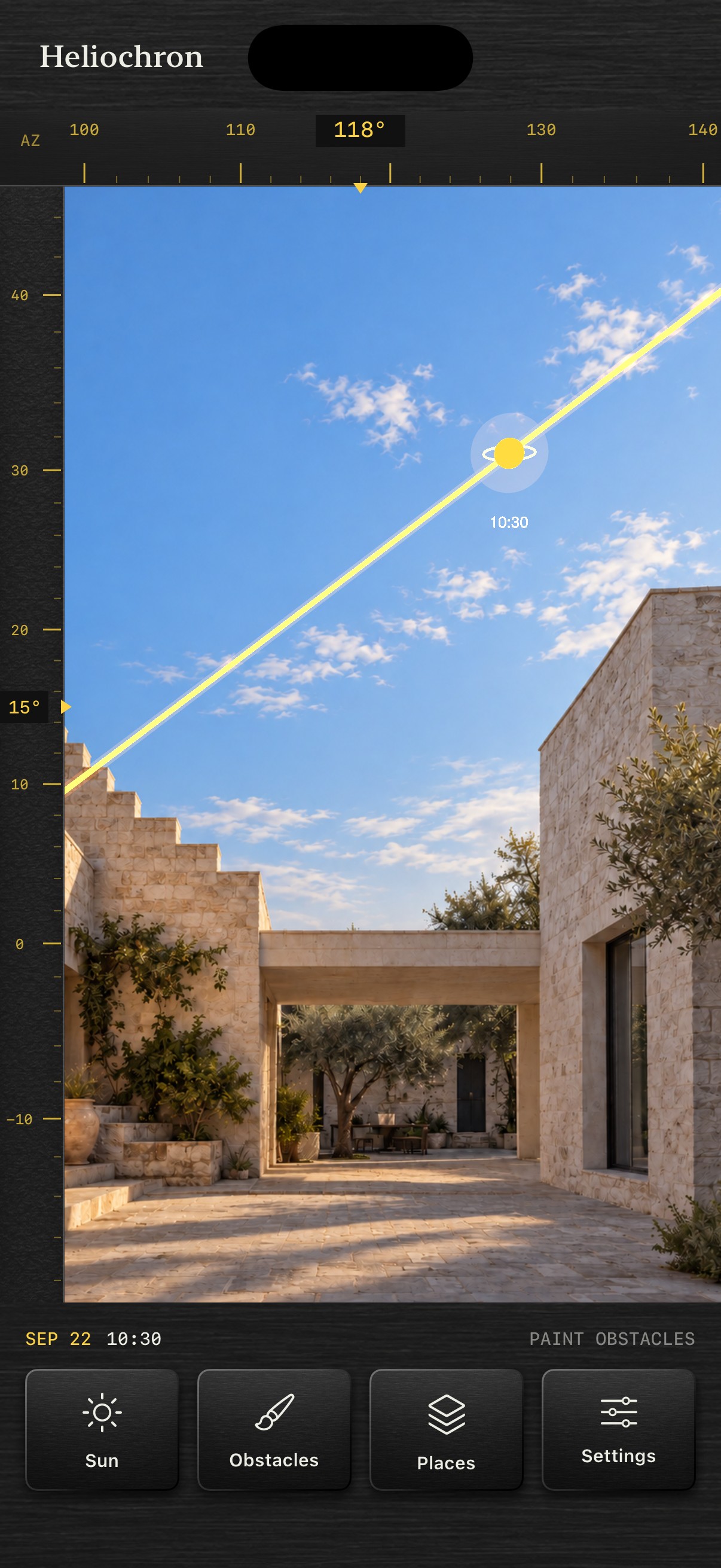 An autumn morning sun path over a limestone courtyard in Heliochron, with narrow edge rulers and four instrument buttons.