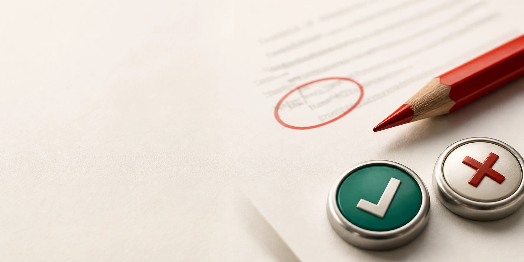Red editorial pencil beside tactile approve and reject controls